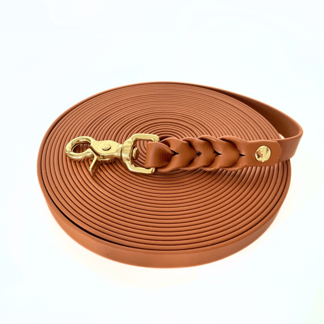 Biothane Schleppleine  Mocha Brown mit goldenen Karabinern – Handgemacht von BookishPaws