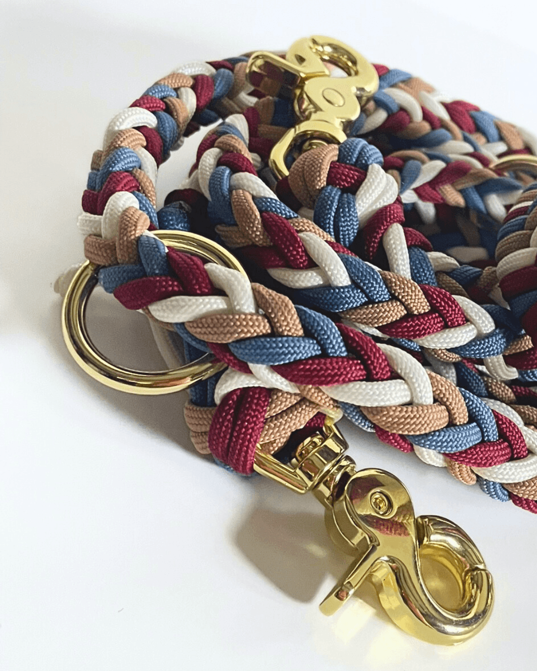 Handgeflochtene Paracord Leine in Royal Blue, Wine Red und Sand