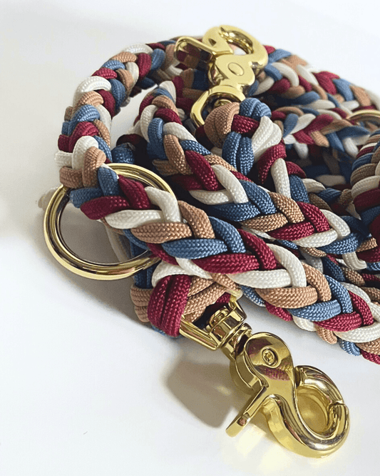 Handgeflochtene Paracord Leine in Royal Blue, Wine Red und Sand